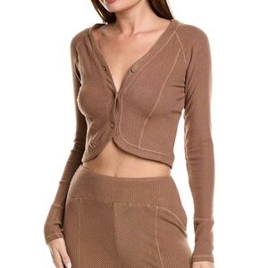 New Area Stars Ribbed Tulip Hem Button Front Cardigan Crop Top Brown Size Large